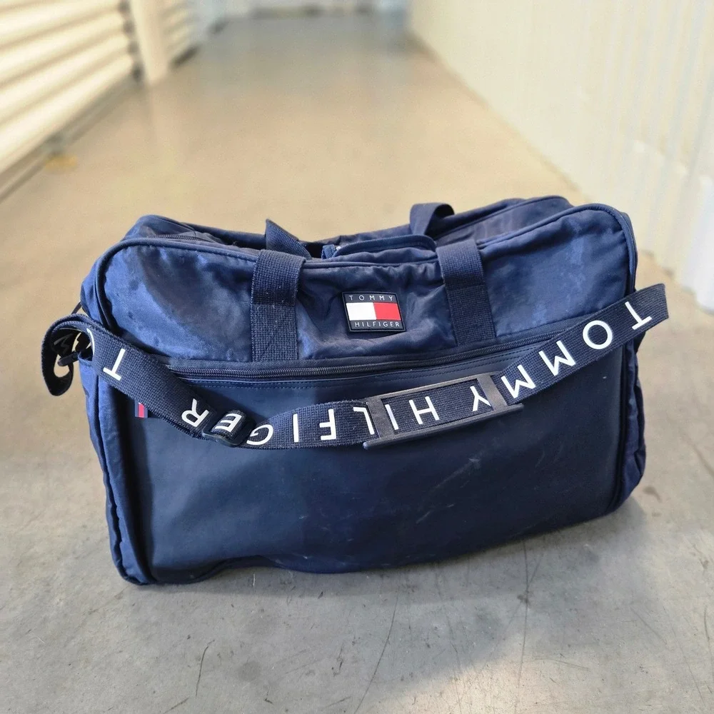 VTG Tommy Hilfiger Duffle Bag Blue Carry On Large Logo Strap Travel Weekender XL